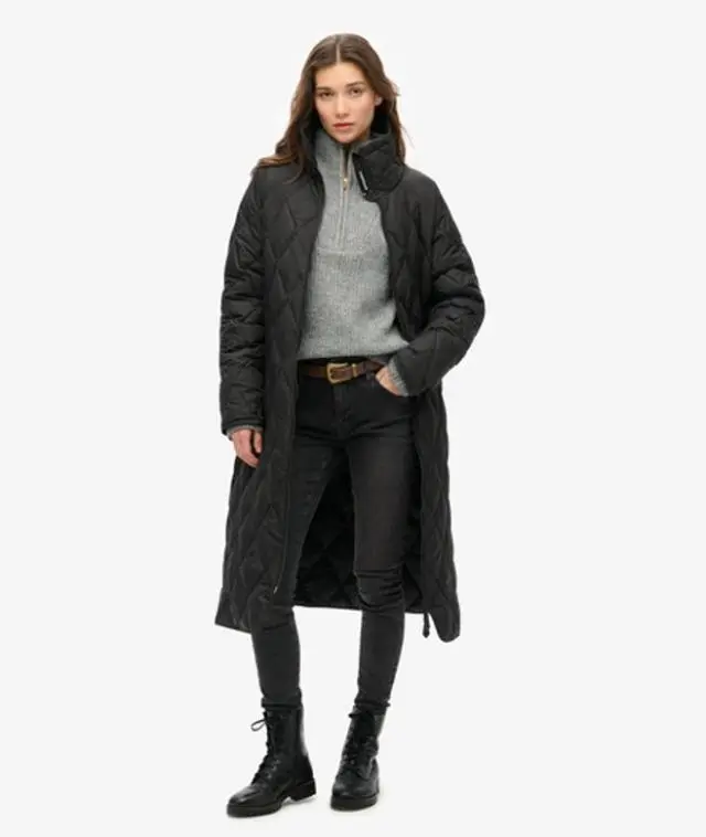 Superdry Women's Classic Quilted Superlong Liner Coat, Black, 