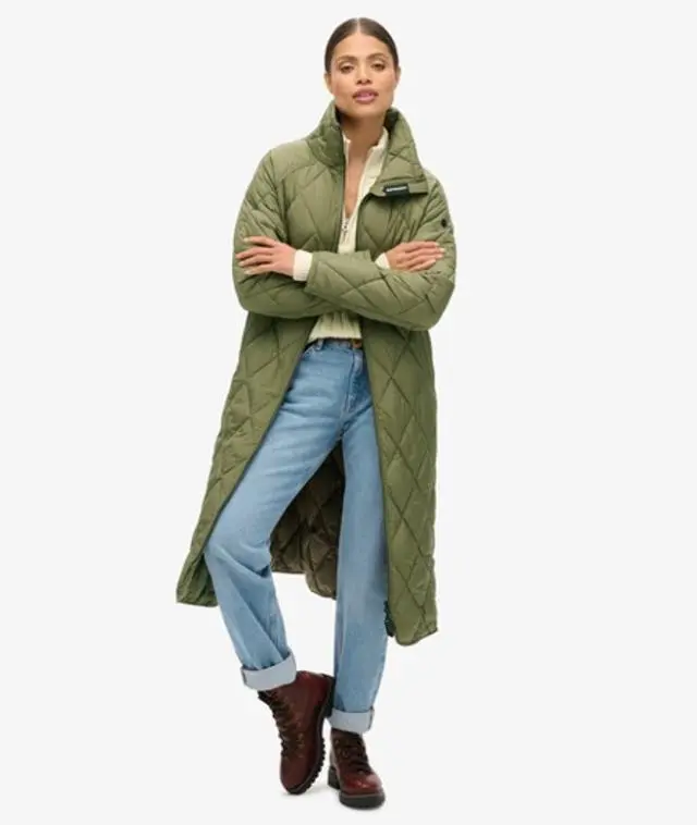 Superdry Women's Classic Quilted Superlong Liner Coat, Green, 
