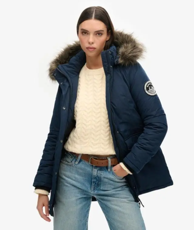 Superdry Women's Classic Quilted Parka Coat, Navy Blue, 