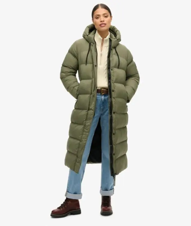 Superdry & Co Women's Classic Quilted Rip-stop Long Puffer Coat, Green, 