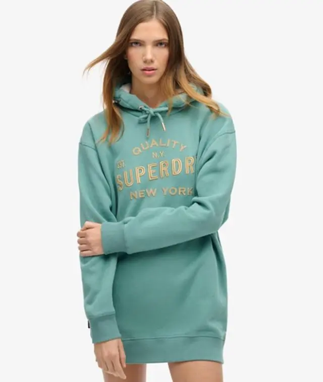 Superdry Women's Metallic Logo Luxe Hooded Dress, Green, 