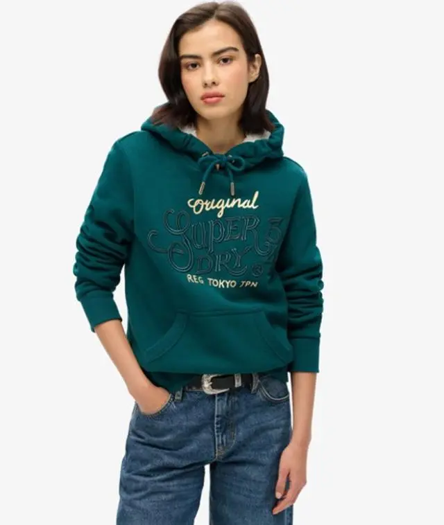 Superdry Women's Luxe Metallic Logo Hoodie Green / Deep Teal - 