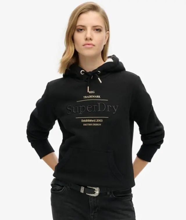 Superdry Women's Metallic Logo Luxe Hoodie, Black, 