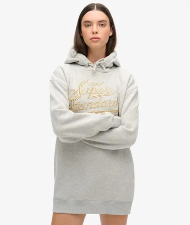 Superdry Women's Metallic Logo Luxe Hooded Dress, Grey, 