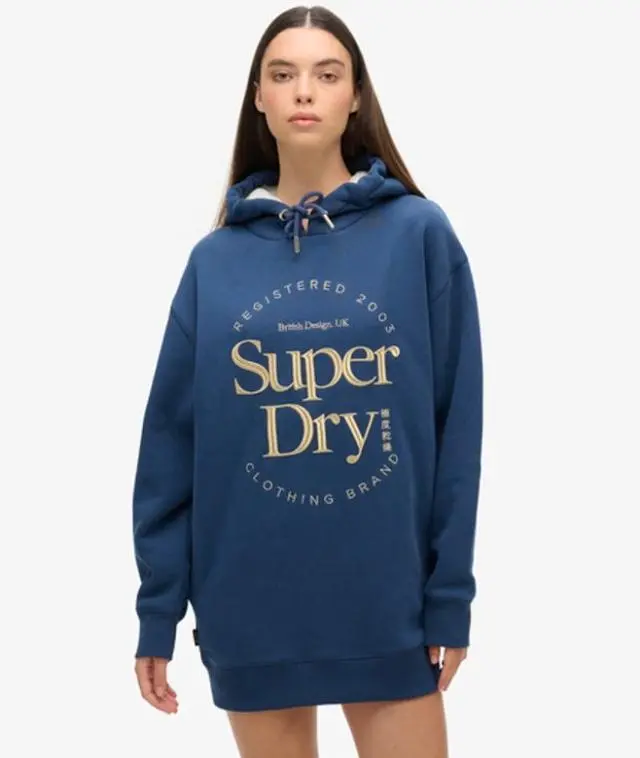 Superdry Women's Cotton Luxe Metallic Logo Hooded Dress, Blue & Gold, 