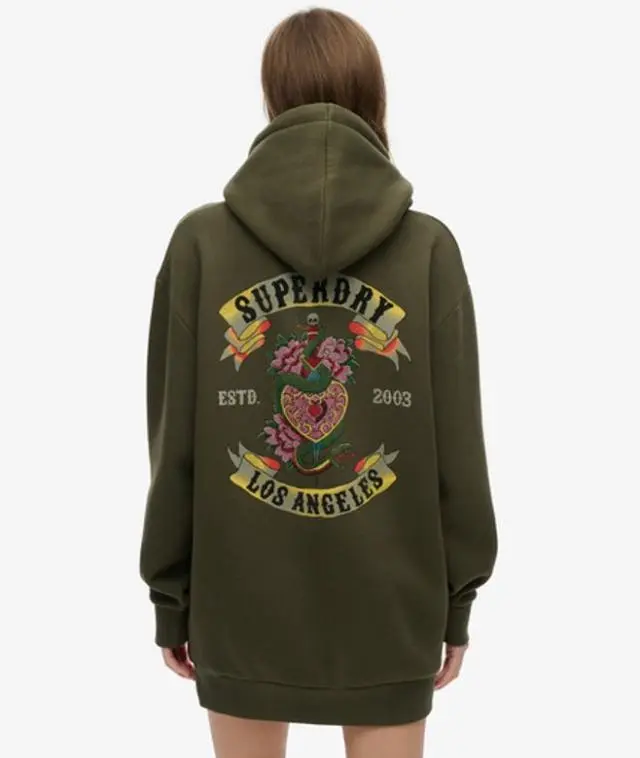 Superdry & Co Women's Cotton Tattoo Rhinestone Hoodie Dress, Khaki & Yellow, 