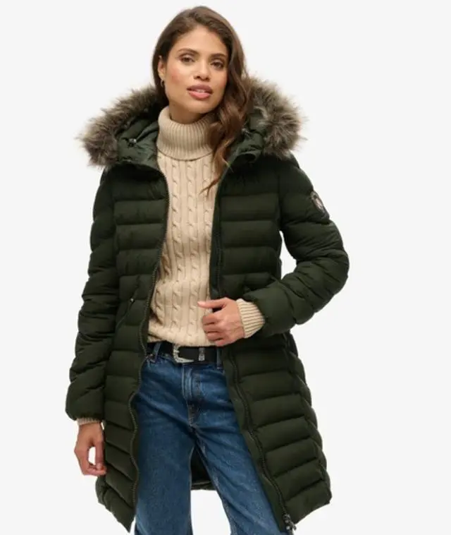 Superdry Women's Fuji Faux Fur Hood Mid Length Puffer Coat Green / Surplus Goods Olive Green - 