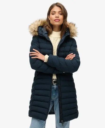Superdry Women's Slim Fit Logo Patch Fuji Faux Fur Hood Mid Length Puffer Coat, Navy, 
