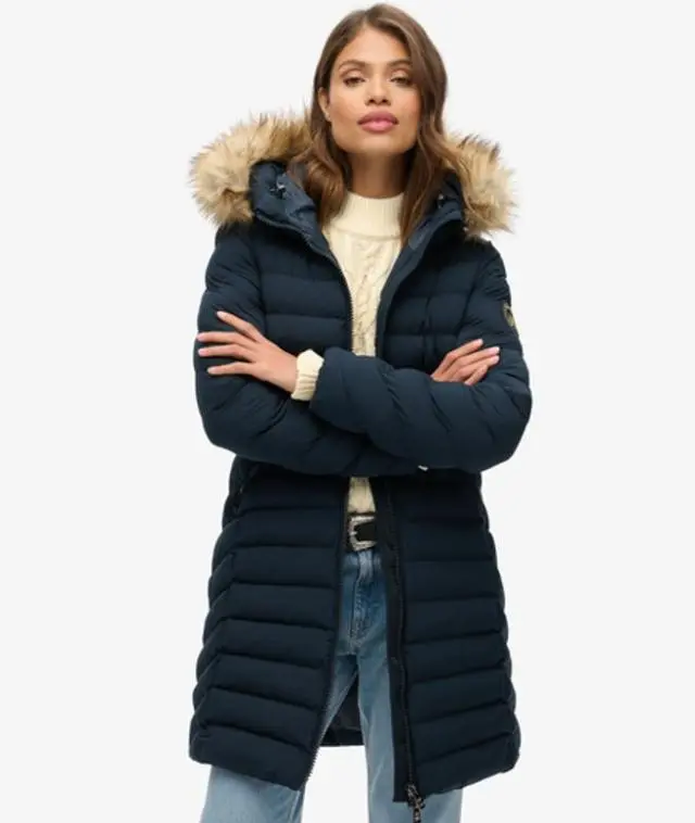 Superdry Women's Slim Fit Logo Patch Fuji Faux Fur Hood Mid Length Puffer Coat, Navy, 