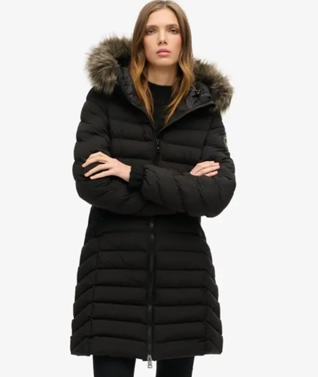Superdry Women's Slim Fit Fuji Faux Fur Hood Mid Length, Black, 