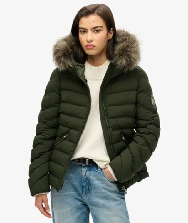 Superdry Women's Fuji Faux Fur Hooded Padded Jacket Green / Surplus Goods Olive Green - 