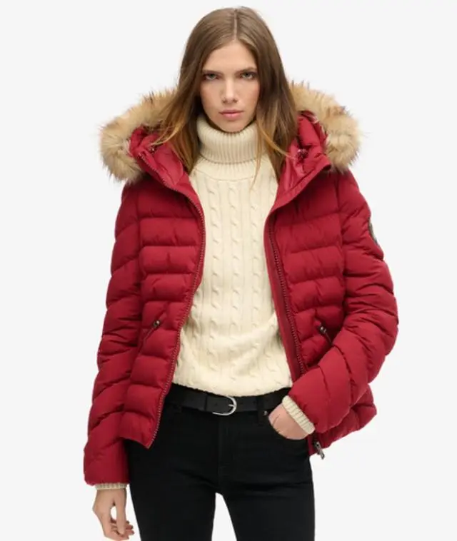 Superdry Women's Fuji Faux Fur Hooded Padded Jacket Red / Stanton Red - 