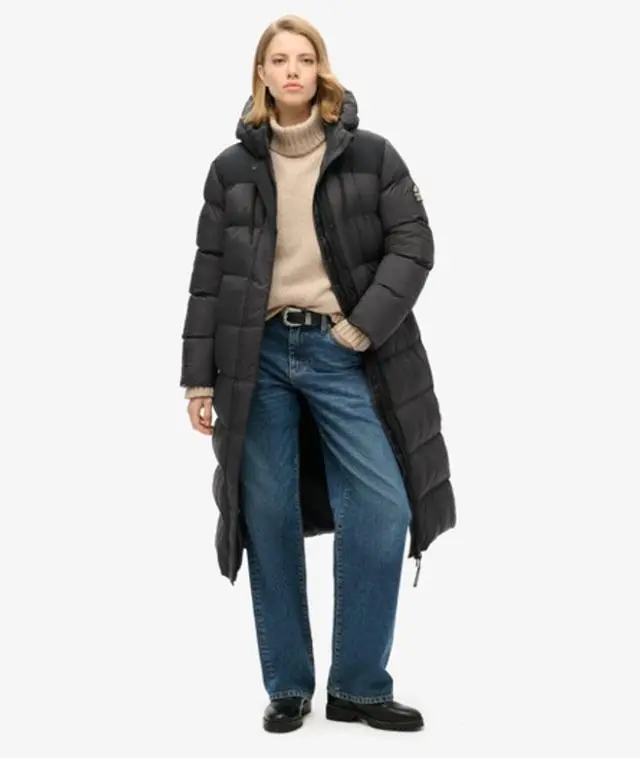 Superdry & Co Women's Rip-stop Long Puffer Coat Black / Black Grid - 