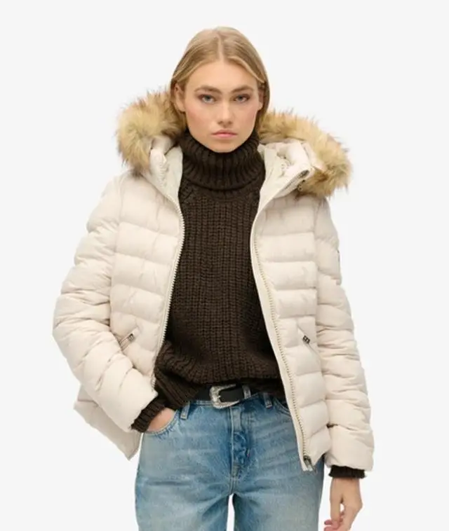 Superdry Women's Fuji Faux Fur Hooded Padded Jacket Beige / Rainy Day Grey - 