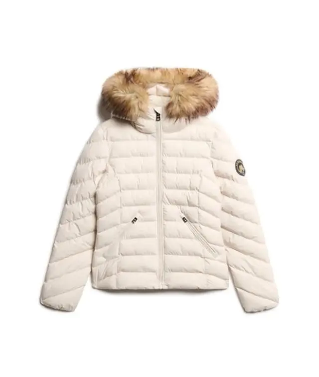 Superdry Women's Lightweight Logo Patch Fuji Faux Fur Hooded Padded Jacket, Beige, 