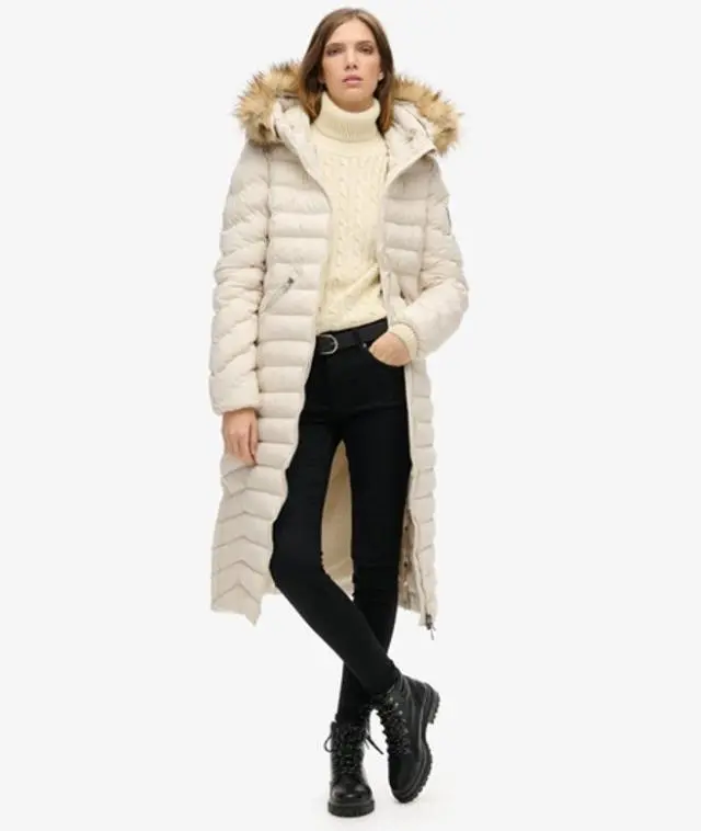 Superdry Women's Fuji Faux Fur Hooded Longline Jacket Grey / Rainy Day Grey - 