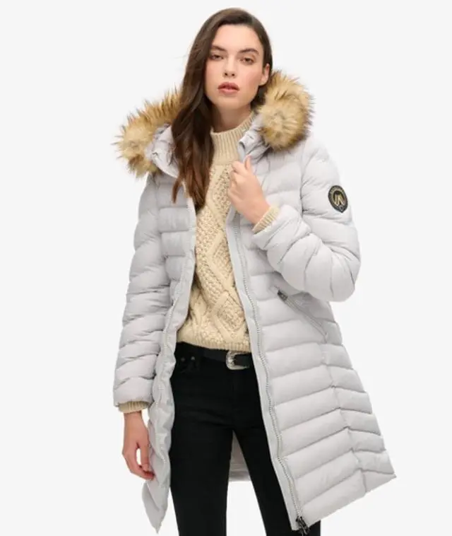 Superdry Women's Slim Fit Fuji Faux Fur Hood Mid Length, Light Grey, 
