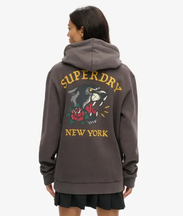 Superdry Women's Oversized Tattoo Back Graphic Hoodie, Black and Yellow, 