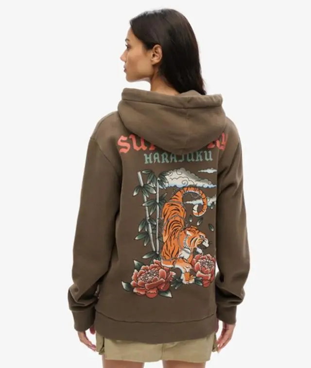 Superdry Women's Oversized Tattoo Graphic Hoodie, Khaki and Orange, 