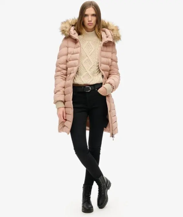 Superdry Women's Slim Fit Fuji Faux Fur Hood Mid Length, Beige, 