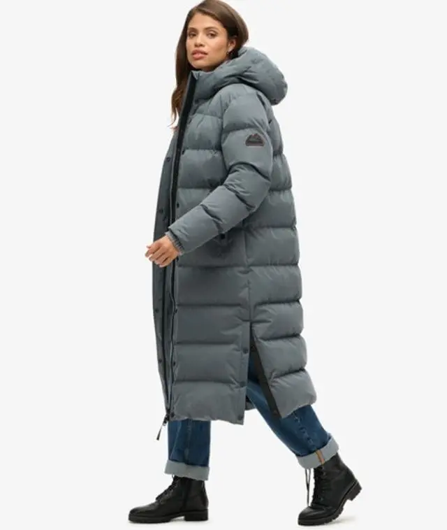 Superdry & Co Women's Microfibre Long Puffer Coat Dark Grey / Ebony - 