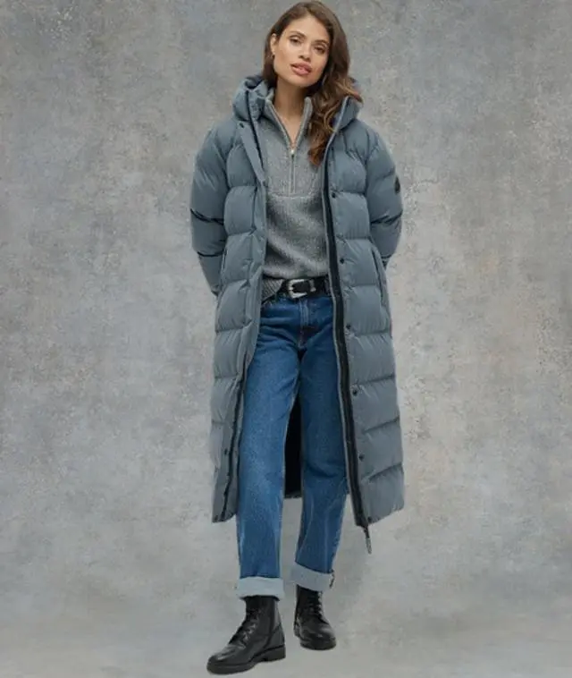 Superdry Women's Microfibre Long Puffer Coat Dark Grey / Ebony - 