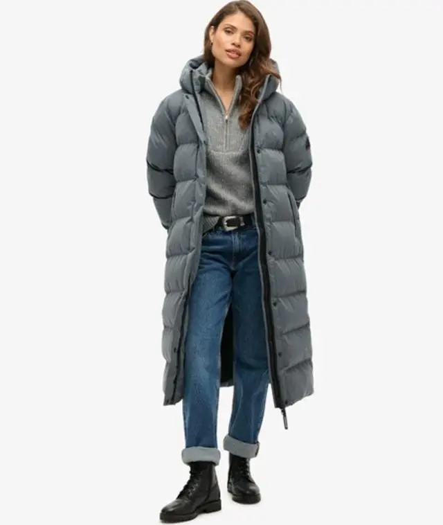 Superdry Women's Microfibre Longline Puffer Coat Dark Grey / Ebony - 