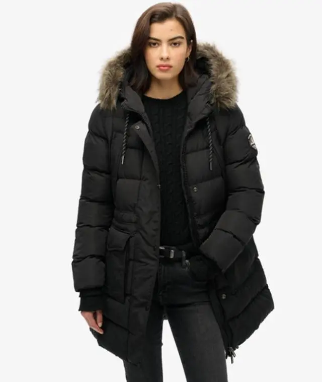 Superdry Women's Classic Everest Mid Faux Fur Puffer Coat, Black, 