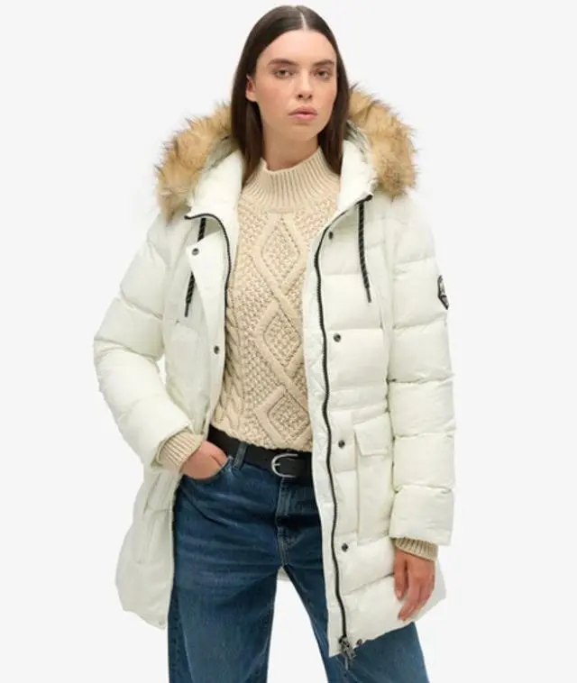 Superdry Women's Everest Mid Faux Fur Puffer Coat White / Off White - 