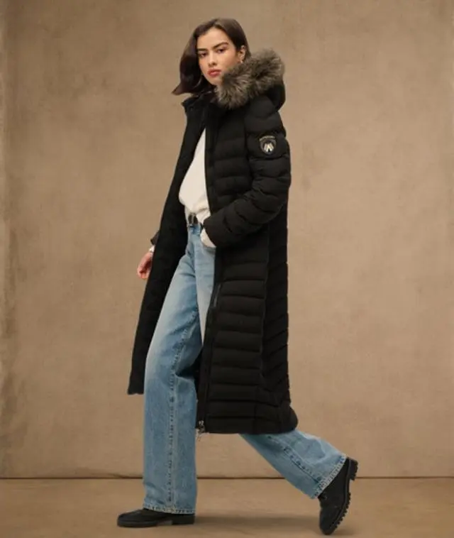 Superdry Women's Slim Fit Fuji Faux Fur Hooded Long Jacket, Black, 