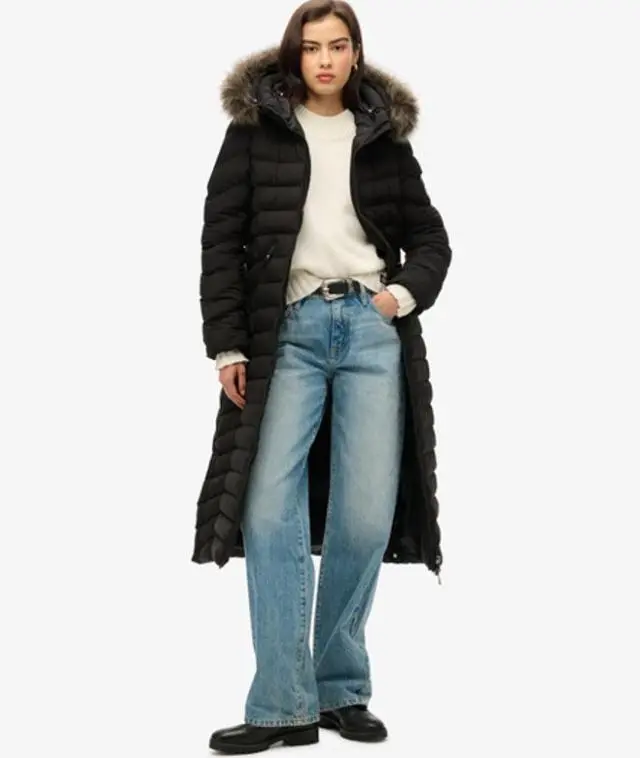 Superdry Women's Slim Fit Fuji Faux Fur Hooded Longline Jacket, Black, 