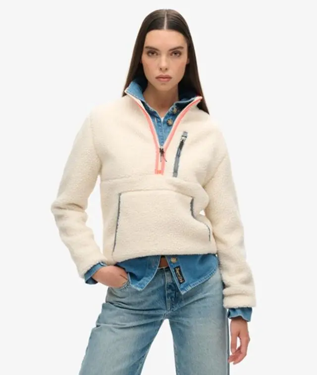 Superdry Women's Fully Lined Outdoor Half Zip Fleece, Cream, 
