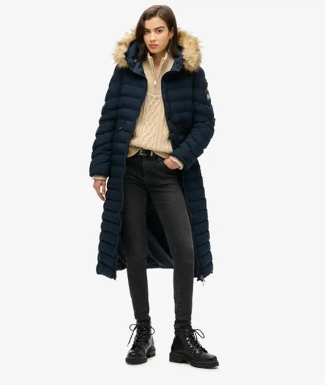 Superdry Women's Slim Fit Fuji Faux Fur Hooded Longline Jacket, Navy, 