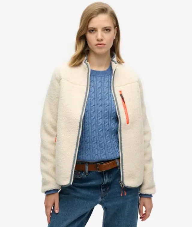Superdry Women's Slim Fit Outdoor Full Zip Fleece, Cream, 