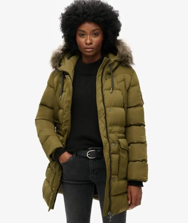 Superdry Women's Everest Mid Faux Fur Puffer Coat Green / Grey Marl/jaffa - 