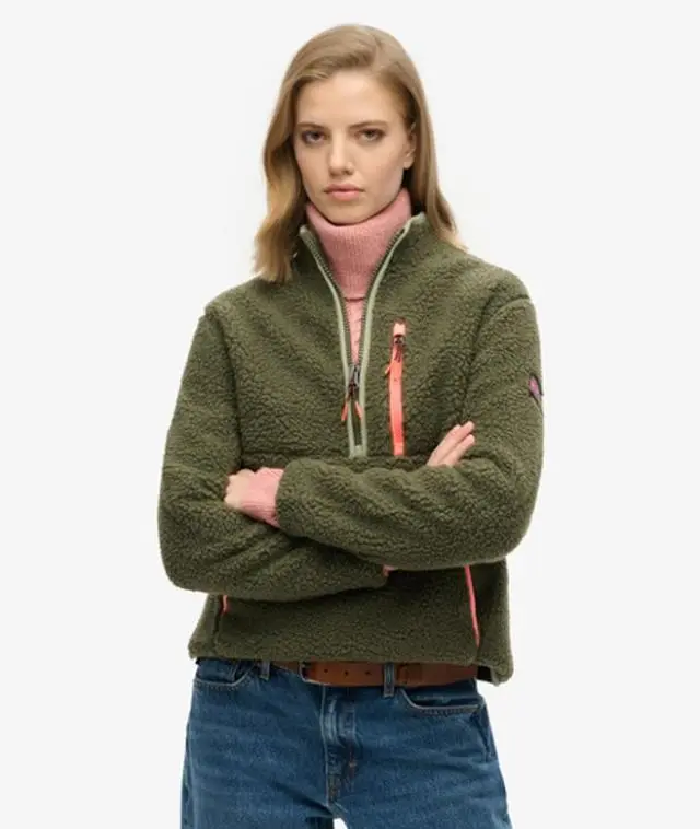Superdry Women's Fully Lined Outdoor Half Zip Fleece, Dark Green, 