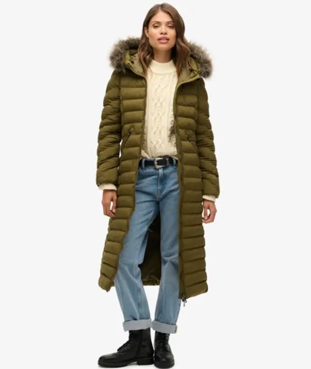 Superdry Women's Fuji Faux Fur Hooded Longline Jacket Green / Grey Marl/jaffa - 