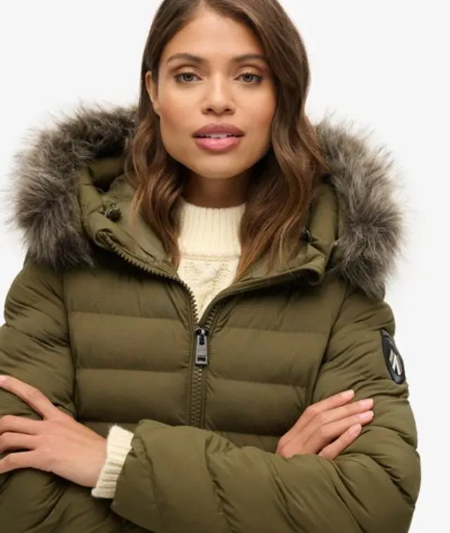 Superdry Women's Slim Fit Fuji Faux Fur Hooded Long Jacket, Green, 