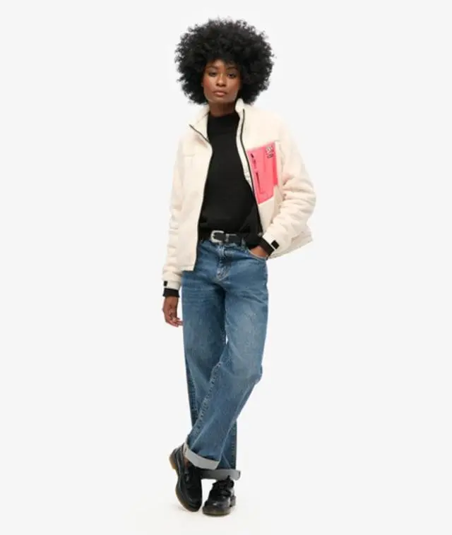 Superdry Women's Classic Logo Badge Non Hooded Borg Jacket, White and Coral, 