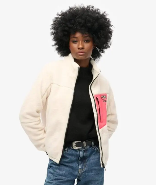 Superdry Women's Classic Logo Badge Non Hooded Borg Jacket, White and Coral, 
