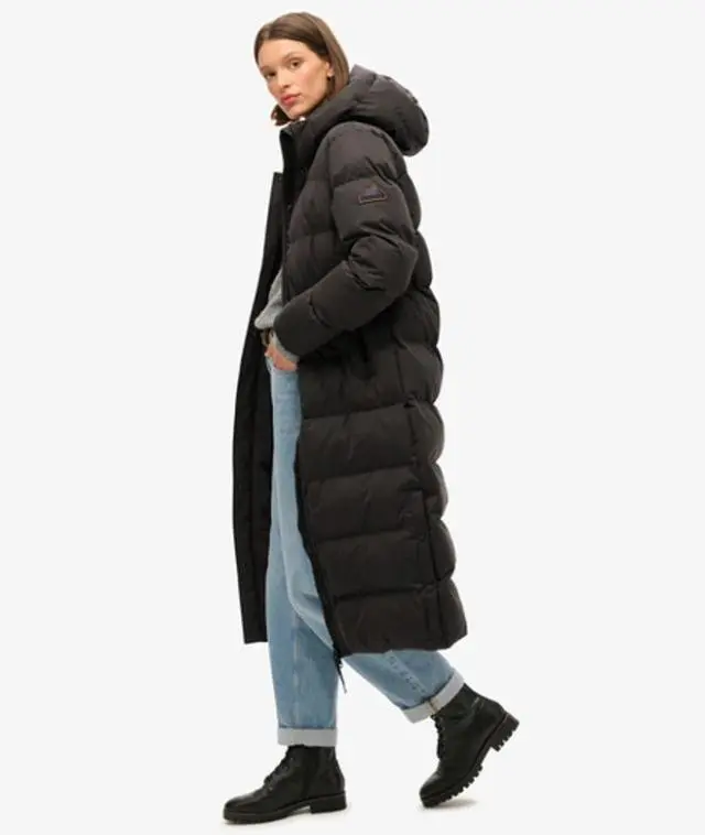 Superdry & Co Women's Classic Microfibre Long Puffer Coat, Black, 