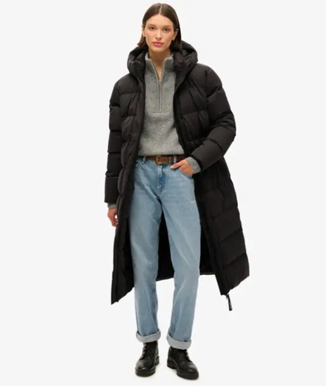 Superdry Women's Classic Microfibre Longline Puffer Coat, Black, 