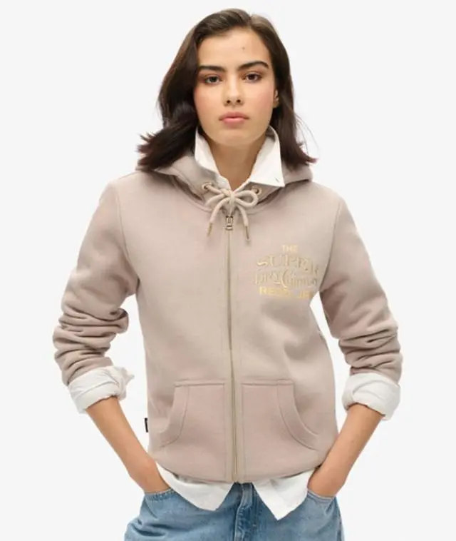 Superdry & Co Women's Luxe Metallic Logo Zip Hoodie Light Grey / Warm Grey - 