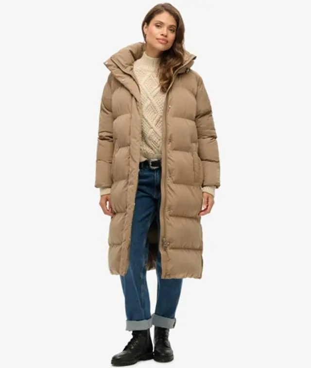 Superdry Women's Classic Longline Hooded Puffer Coat, Brown, 