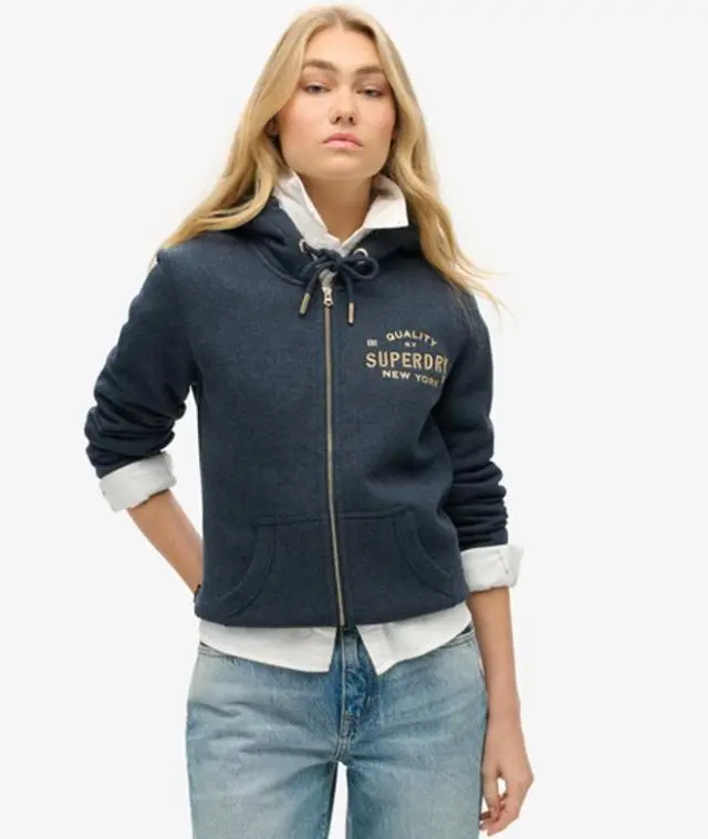 Superdry & Co Women's Luxe Metallic Logo Zip Hoodie Navy / Trench Navy Marl - 