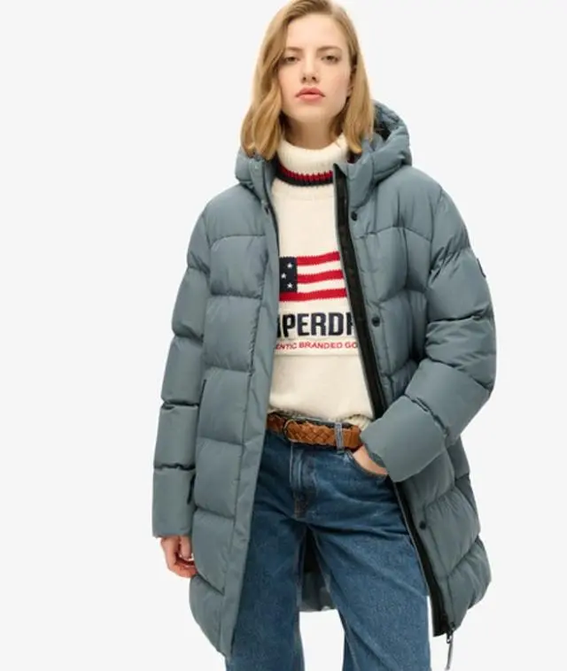 Superdry Women's Hooded Sports Puffer Mid-length Jacket Blue / Stormy Weather Blue - 