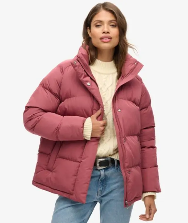 Superdry Women's Mid Length Puffer Jacket Pink / Roan Rouge Burgundy - 