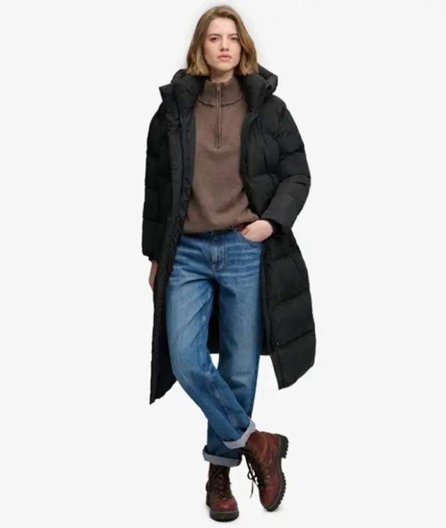 Superdry Women's Long Hooded Puffer Coat Black - 