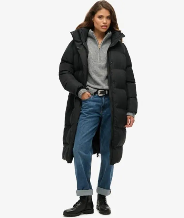 Superdry Women's Longline Hooded Puffer Coat Black - 