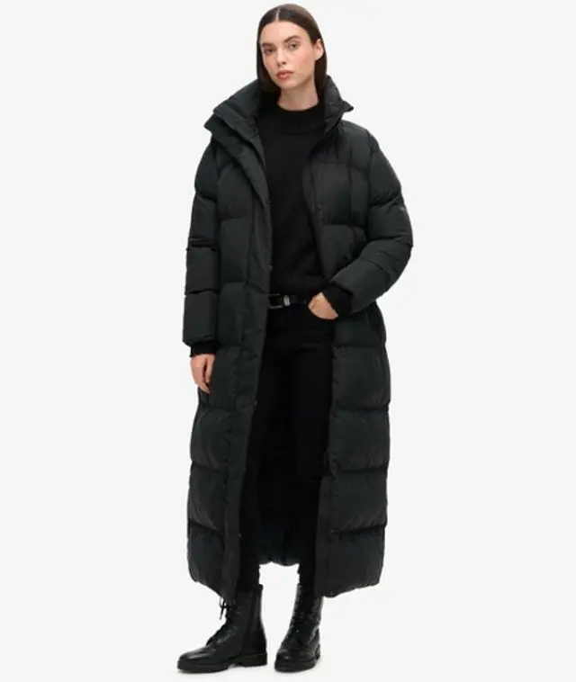 Superdry Women's Embroidered Logo Maxi Longline Puffer Coat, Black, 